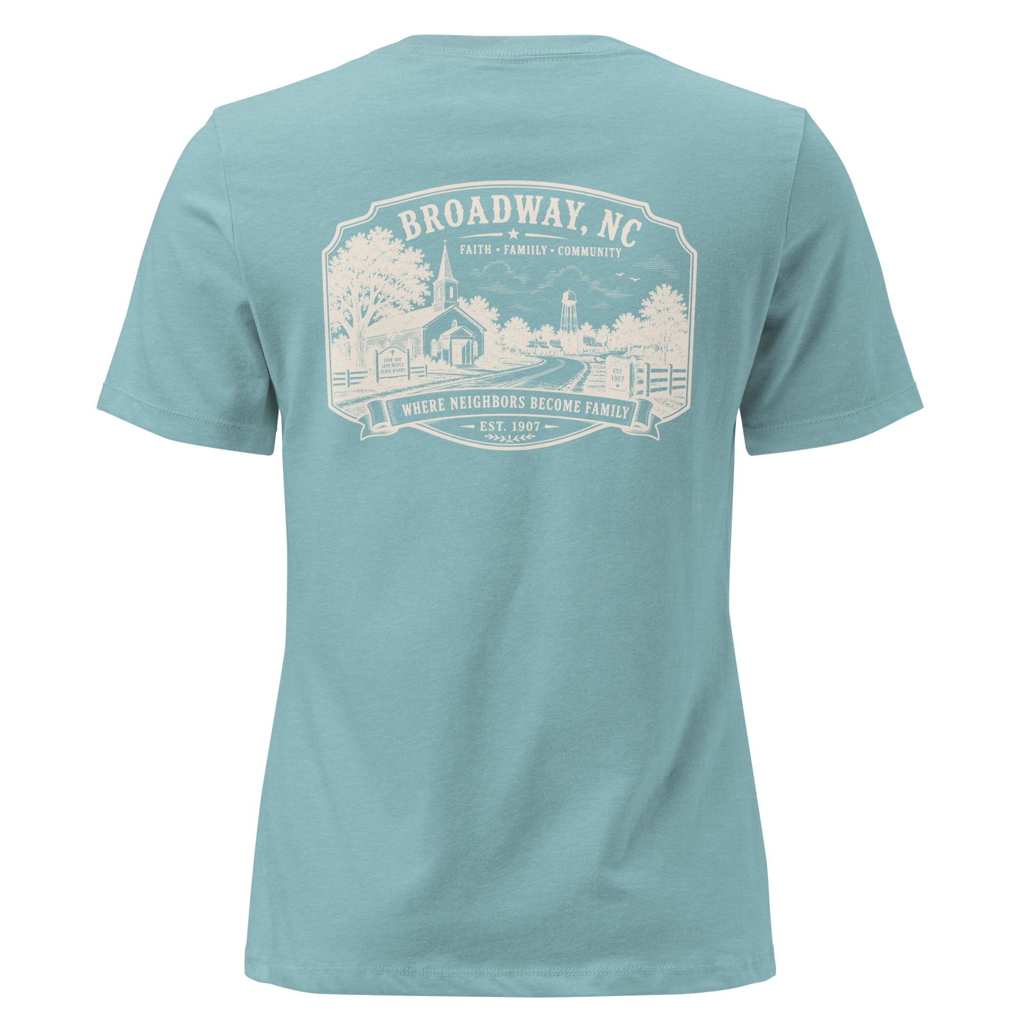 Broadway, NC - Faith, Family, Community - Women's Relaxed T-Shirt