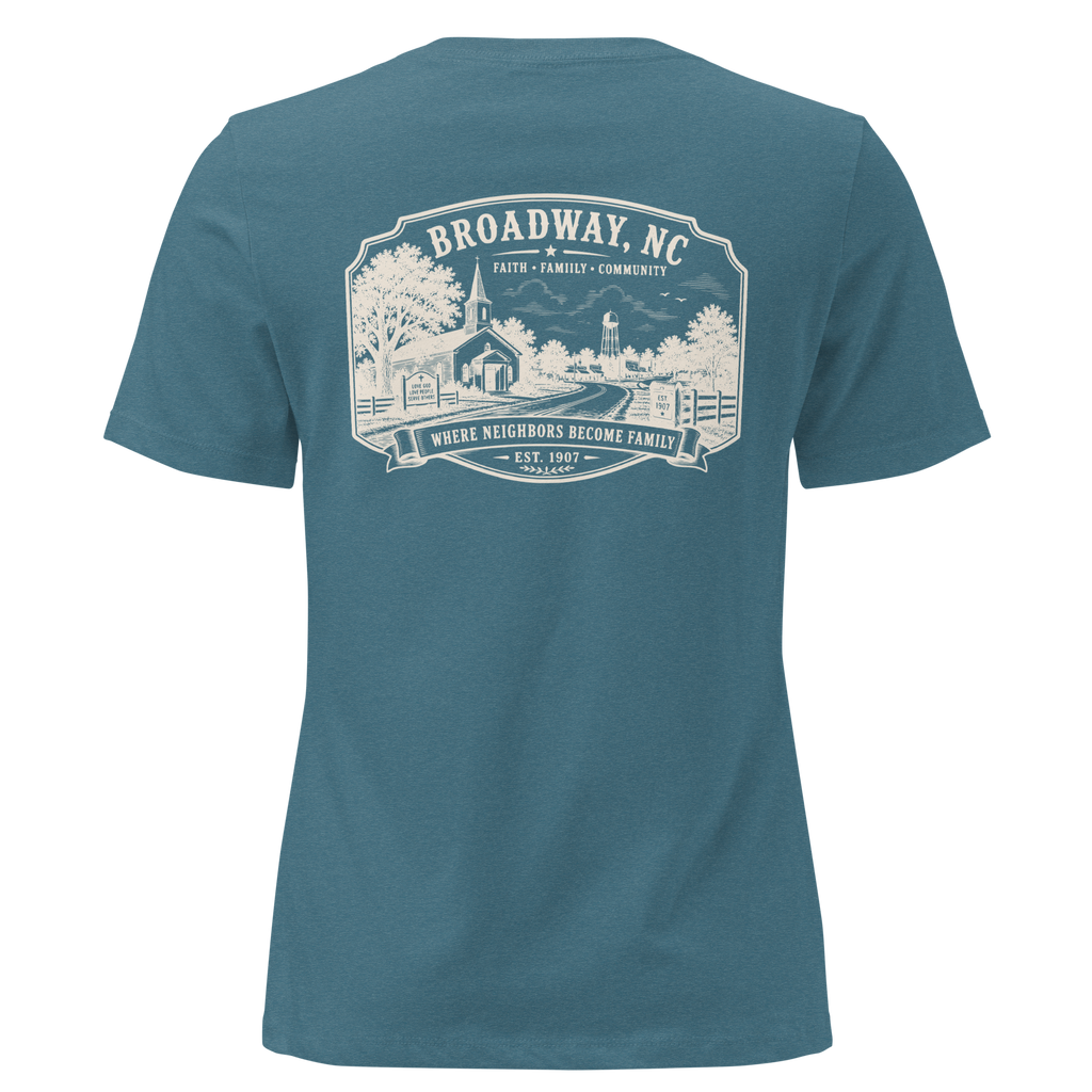 Broadway, NC - Faith, Family, Community - Women's Relaxed T-Shirt
