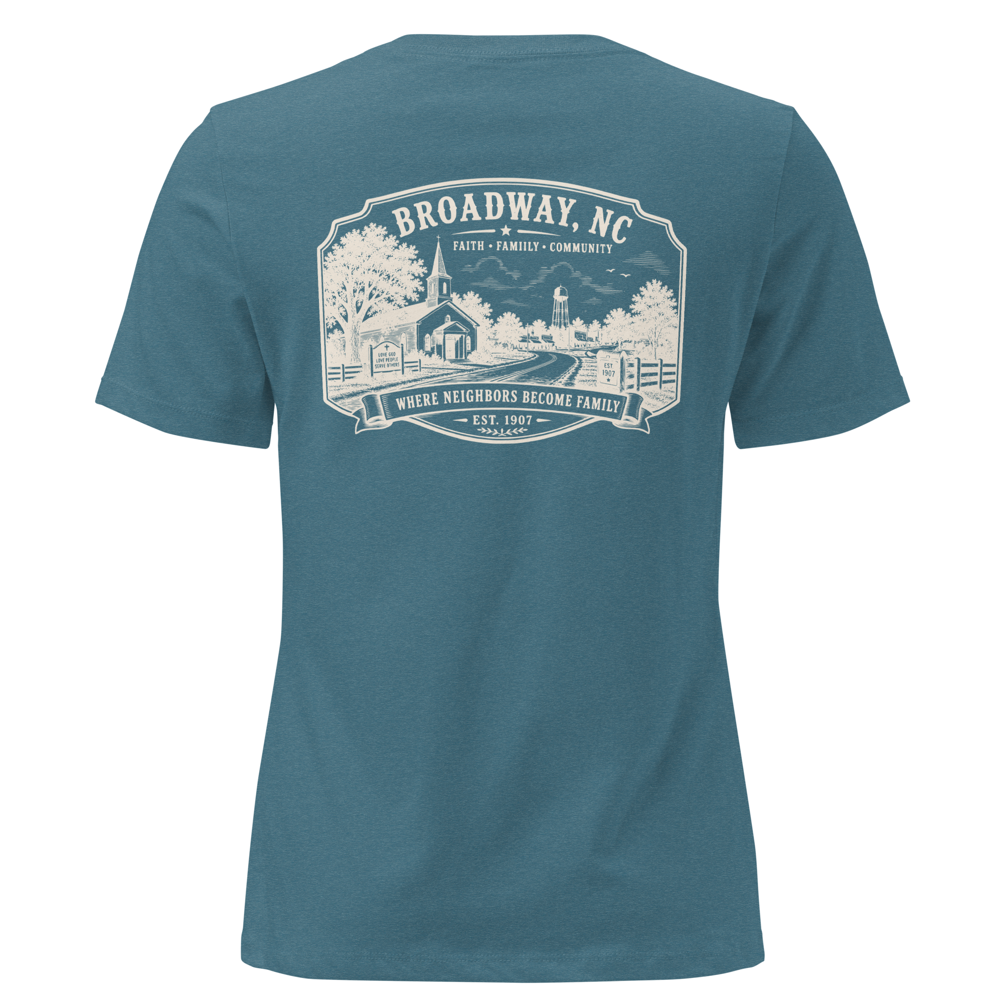 Broadway, NC - Faith, Family, Community - Women's Relaxed T-Shirt