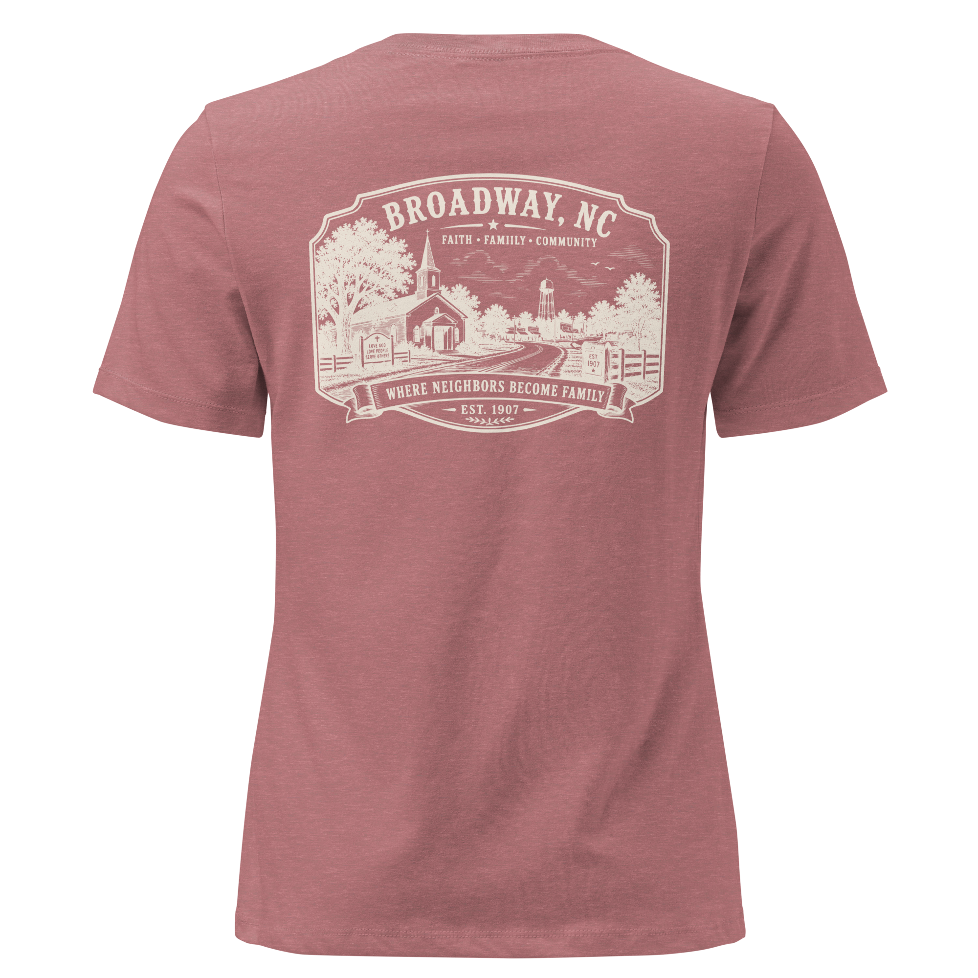 Broadway, NC - Faith, Family, Community - Women's Relaxed T-Shirt