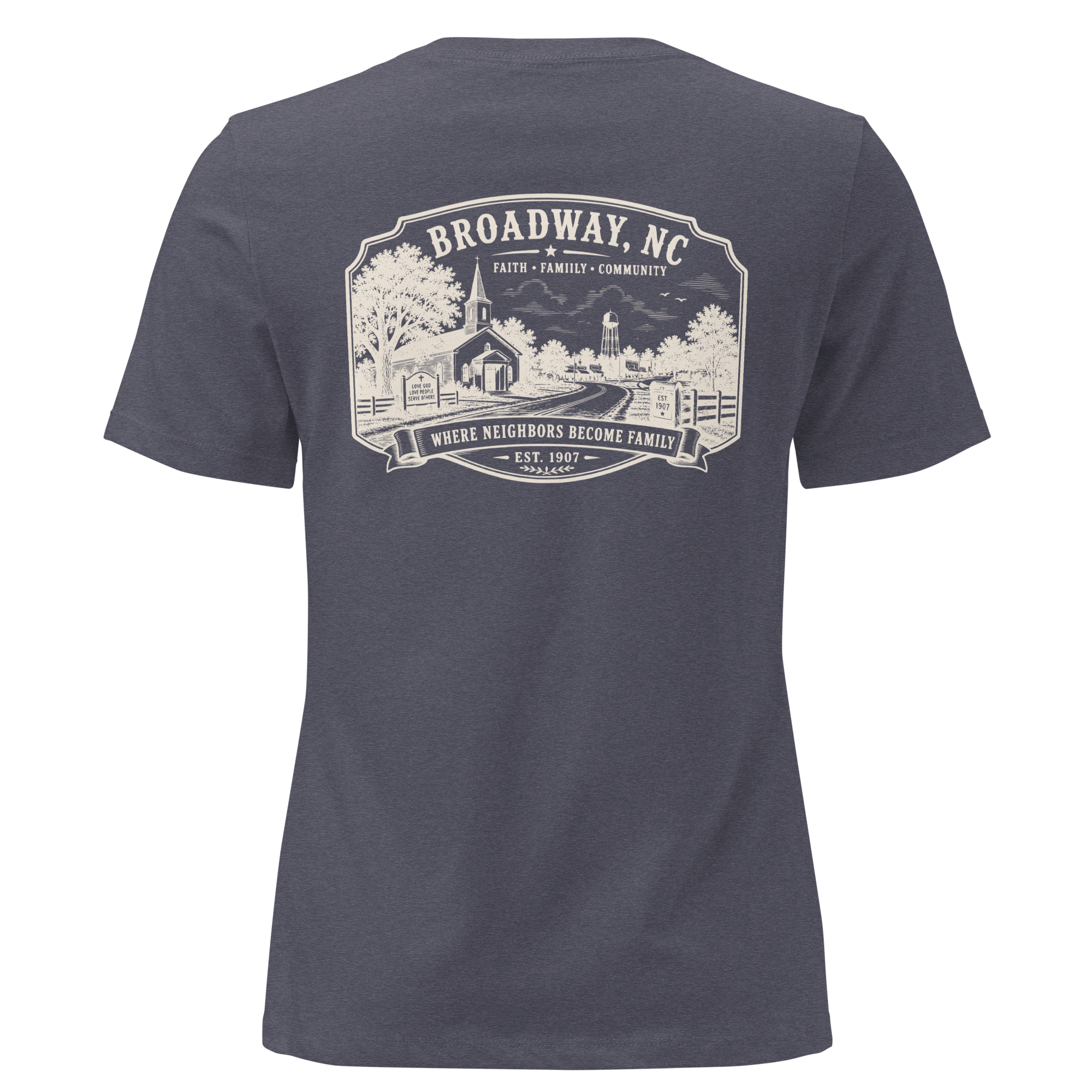 Broadway, NC - Faith, Family, Community - Women's Relaxed T-Shirt