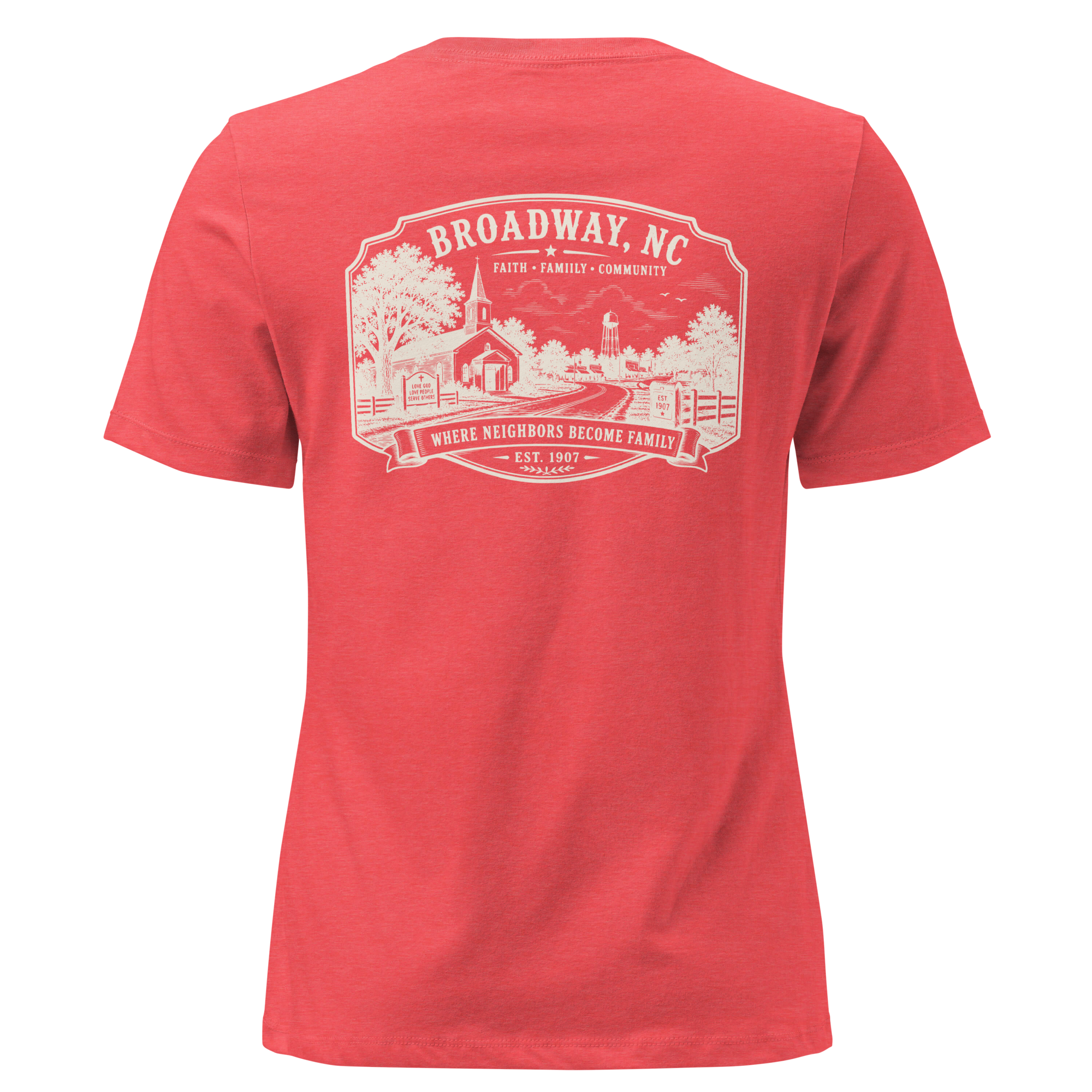 Broadway, NC - Faith, Family, Community - Women's Relaxed T-Shirt