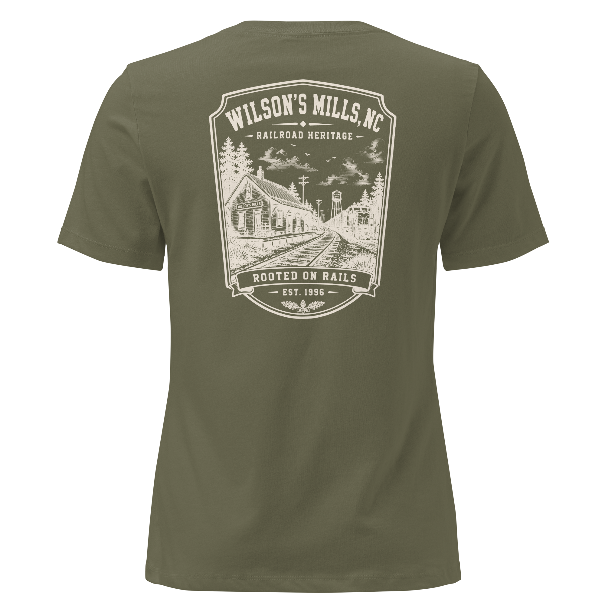 Wilson's Mills, NC - Rooted on Rails - Women's Relaxed T-Shirt