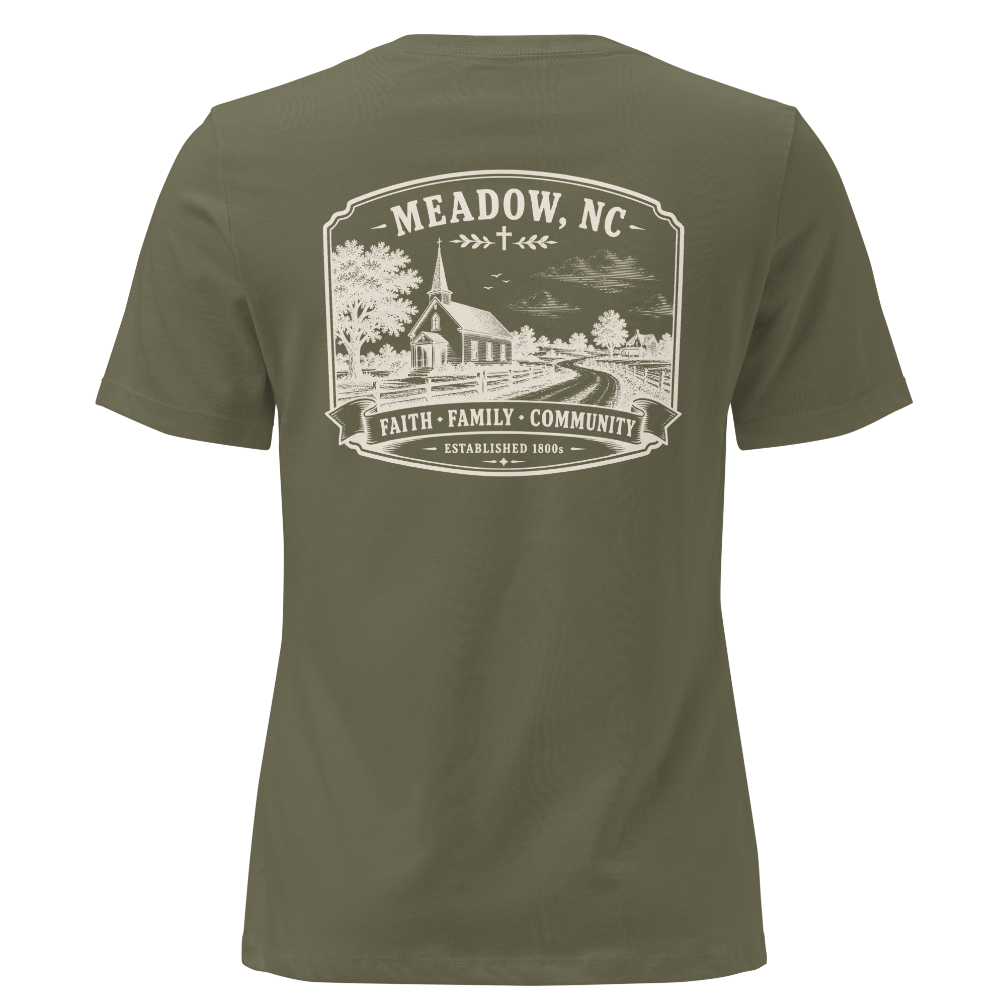 Meadow, NC - Faith, Family, Community - Women's Relaxed T-Shirt