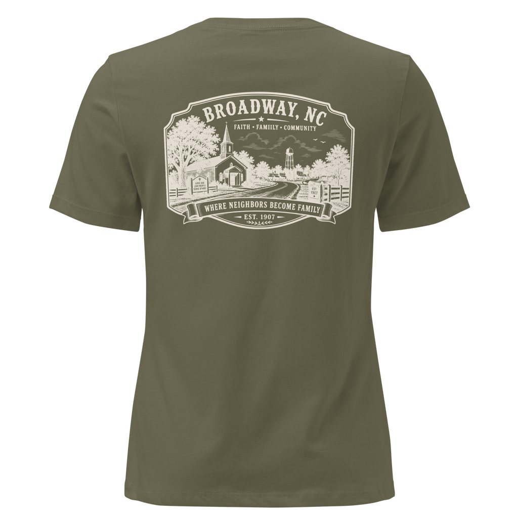 Broadway, NC - Faith, Family, Community - Women's Relaxed T-Shirt