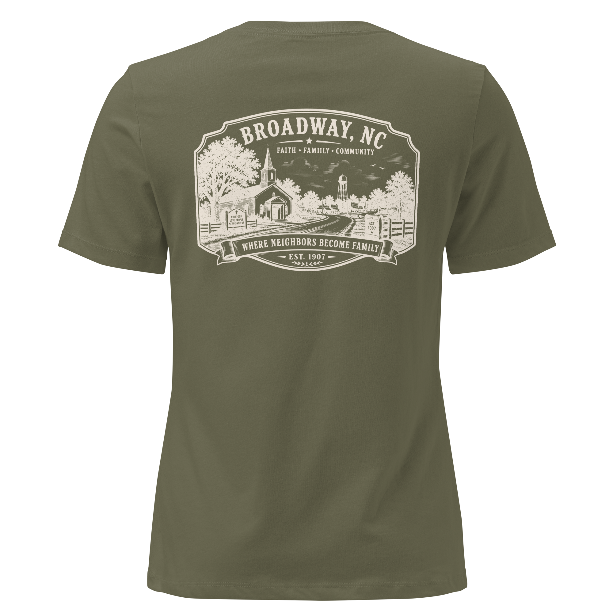 Broadway, NC - Faith, Family, Community - Women's Relaxed T-Shirt